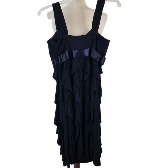 Dress Barn Dark Blue Tiered Ruffle Jeweled Brooch Waist Side Zip Dress Size 4 - Picture 2 of 4